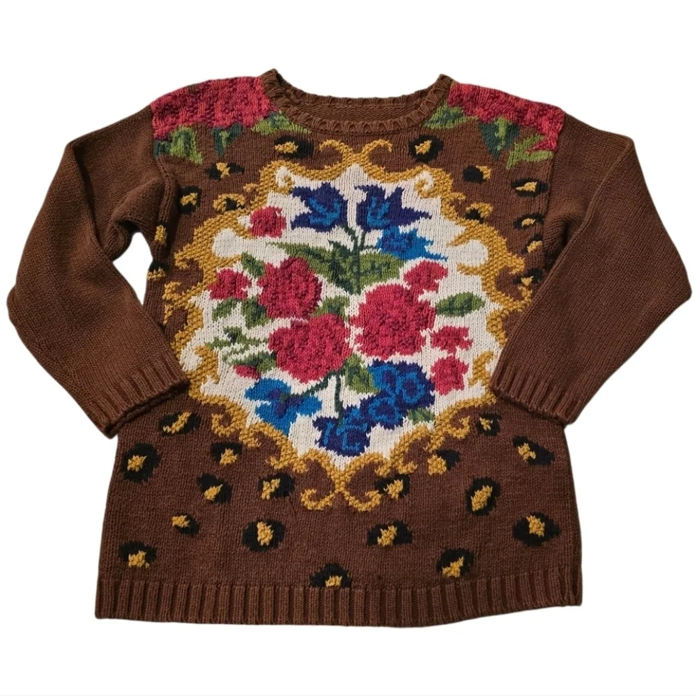 Vintage Floral Leopard Intarsia Knit Sweater Brown Red Cottagecore Grandmacore M - Picture 2 of 11
